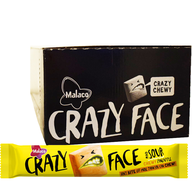 Laatikollinen "Crazy Face Chewy Pineapple" Makeisia 24 x 34g - 40% alennus